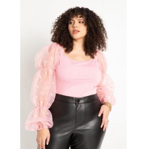 Eloquii Women's Plus Size Flocked Organza Long Sleeve Top in Pink Size 18/20 - Picture 1 of 6